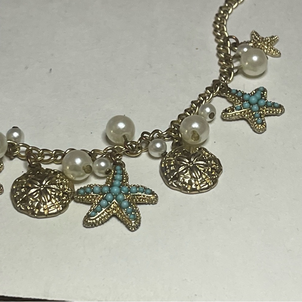 Vintage Beach Natural Blue Turquoise Starfish Shell Gold Pearl Charm Necklace - Picture 4 of 11